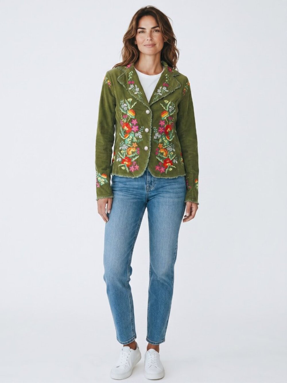 Miss Me Olive Corduroy Floral Embroidered Frayed Boho Jacket